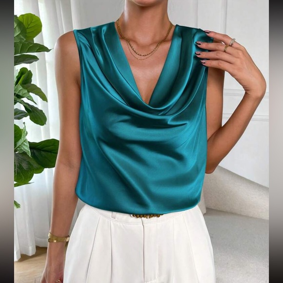 Luxe teal blue draped front sleeveless blouse - Picture 3 of 16